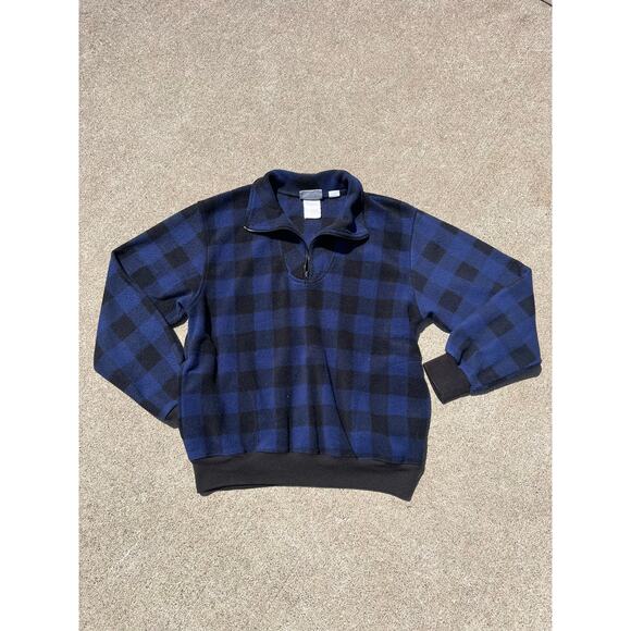 Vintage Outersport Blue Black Sherpa Check Quarter-Zip Sweater Size Large - Picture 1 of 9